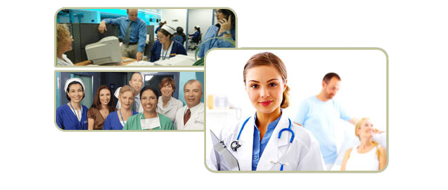 Montage of 3 pictures, showing a female doctor in one, and hospital staff in the other 2.   The doctor and staff are smiling, and looking directly at the camera.